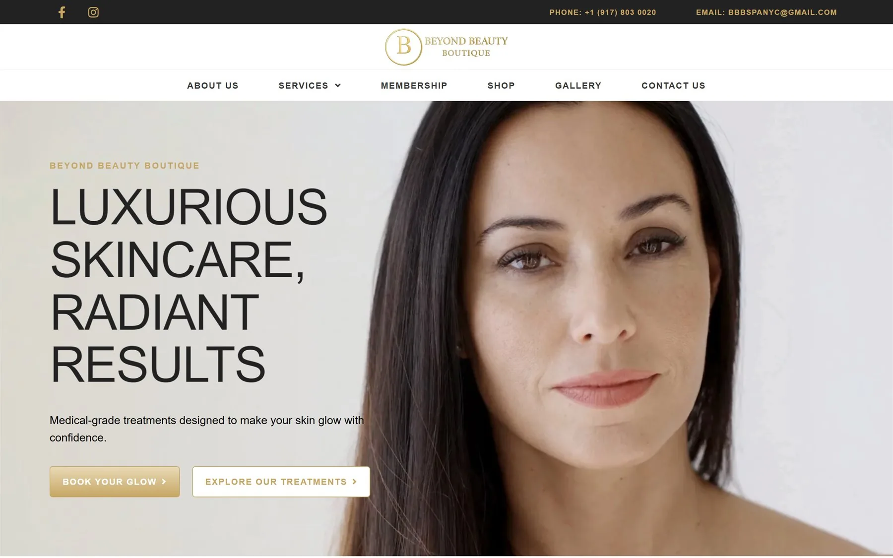Sitio web de Beyond Beauty Boutique en Scarsdale NY con estética de lujo y tratamientos de piel