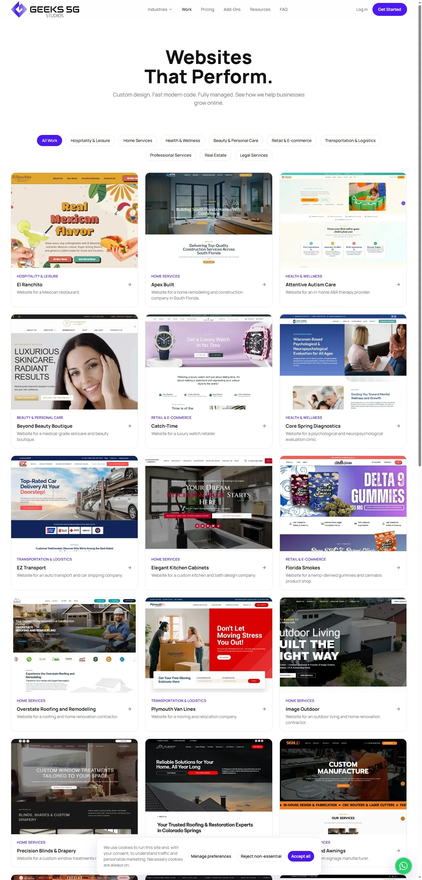 Sección de proyectos y portafolio de clientes de Geeks5G Studios