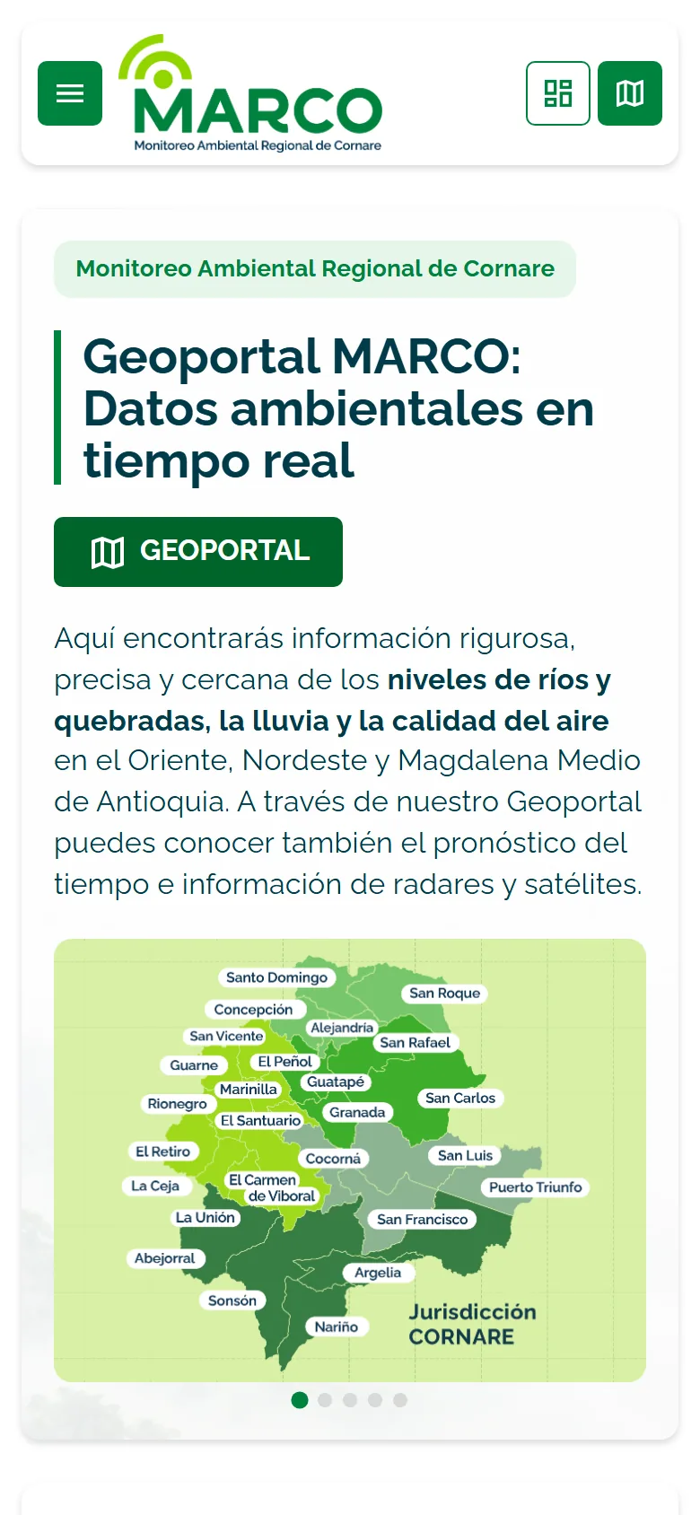 Vista móvil de la página de inicio y Geoportal MARCO